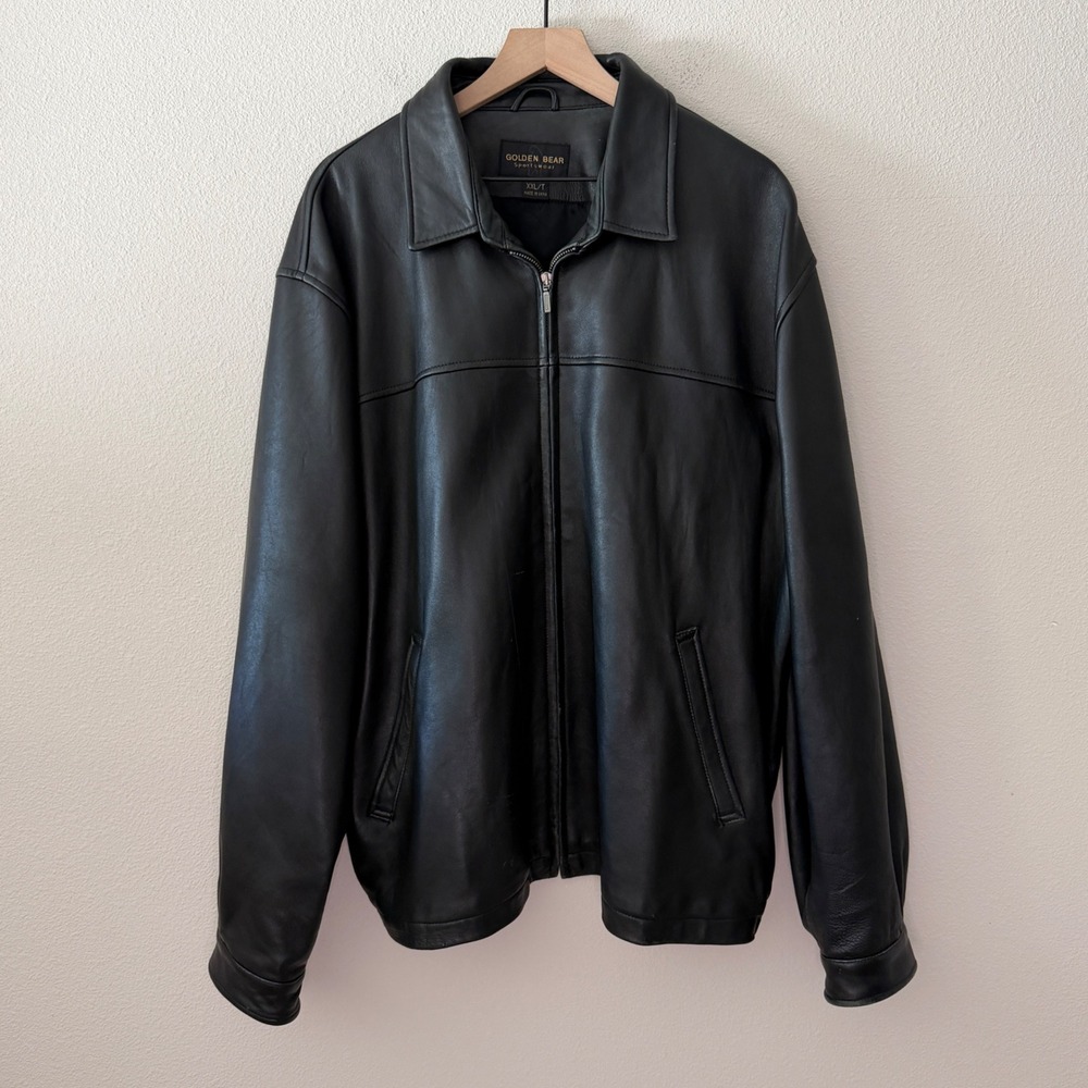 GOLDEN BEAR Mens Leather Bomber Jacket Biker Minimalist Streetwear Grunge XXL/T